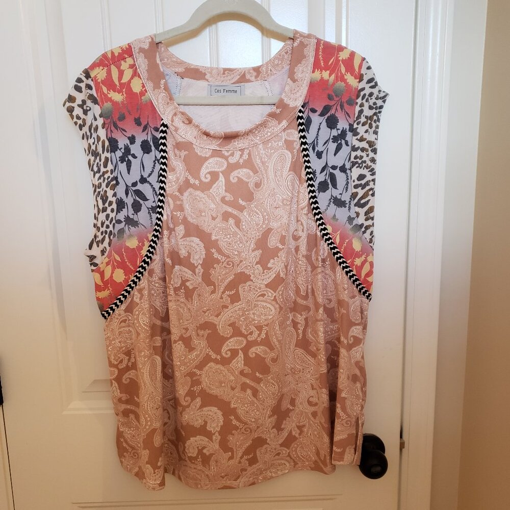 Ces Femme Camel colored Multi Pattern Top 1X